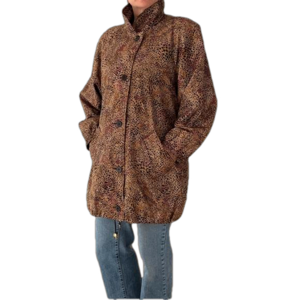 NOVELTI Vintage Animal Print Button Front Lined Coat 80's Shoulder Pads Leopard - Picture 3 of 17